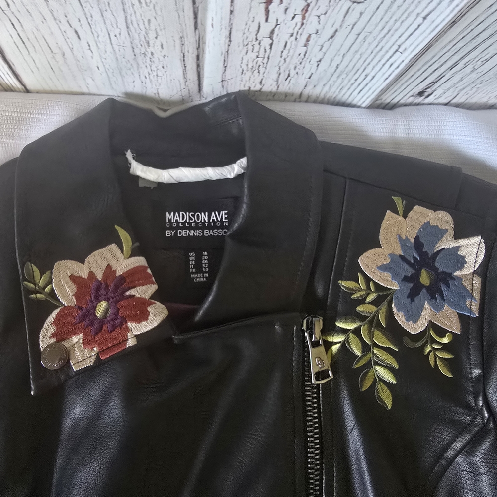 New Dennis Basso Madison Ave Embroider Floral Black Faux Leather Moto Jacket XL - Picture 13 of 14